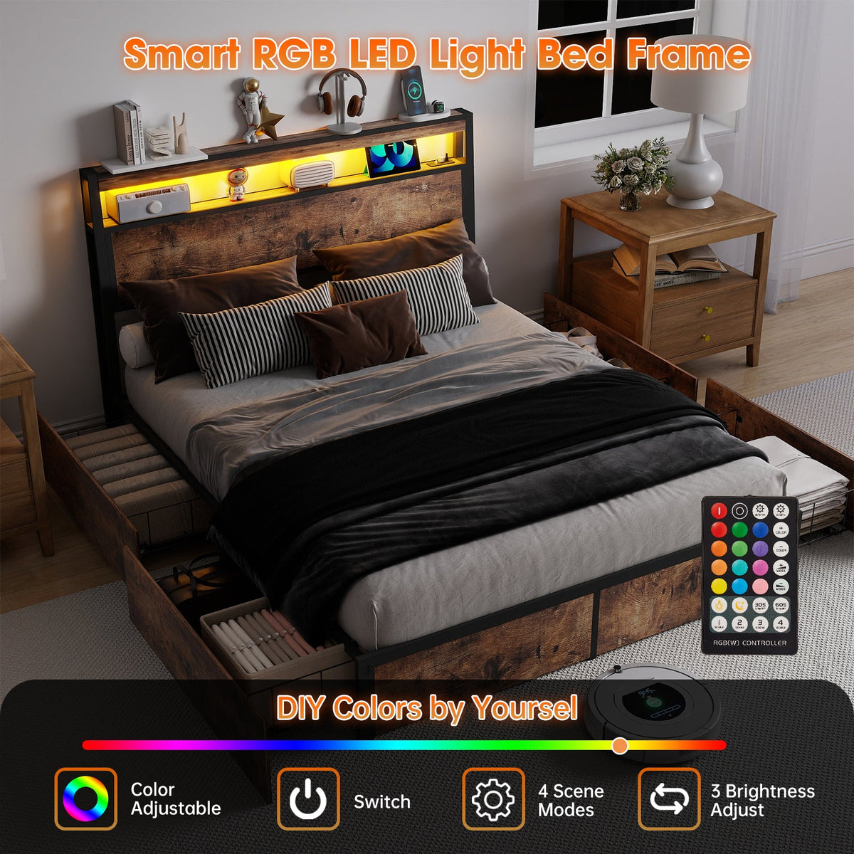 Wood-Grain Platform Storage Bed with Four Drawers, RGB LED Lights and Charging Station - Sonkuki
