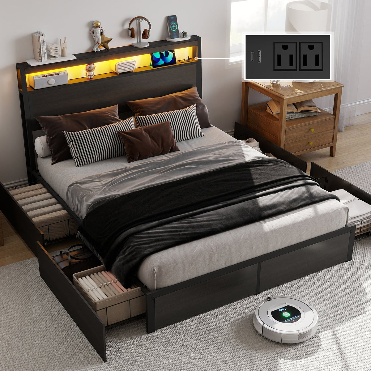 Wood-Grain Platform Storage Bed with Four Drawers, RGB LED Lights and Charging Station - Sonkuki