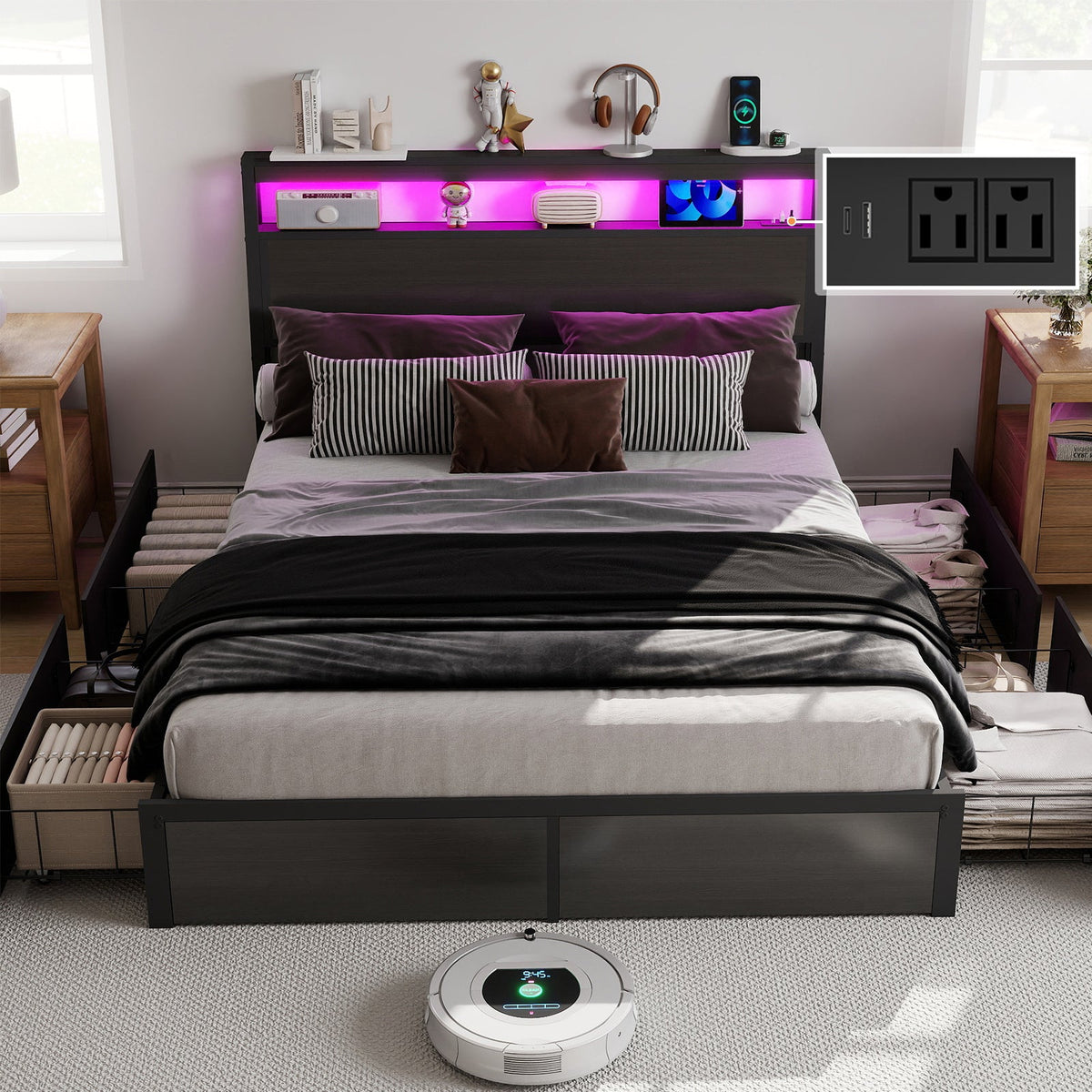 Wood-Grain Platform Storage Bed with Four Drawers, RGB LED Lights and Charging Station - Sonkuki