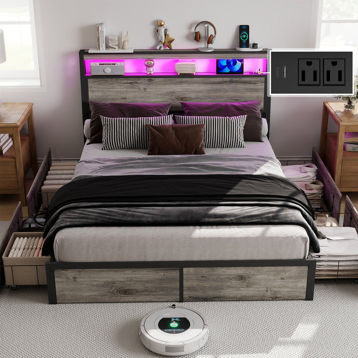 Wood-Grain Platform Storage Bed with Four Drawers, RGB LED Lights and Charging Station - Sonkuki