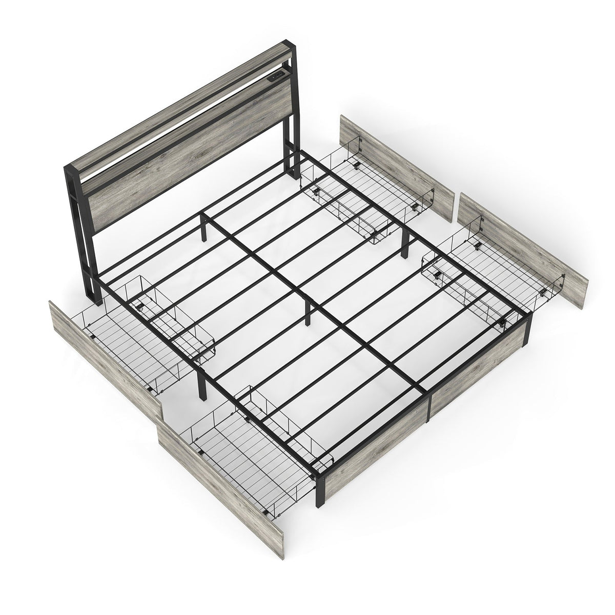 Wood-Grain Platform Storage Bed with Four Drawers, RGB LED Lights and Charging Station - Sonkuki