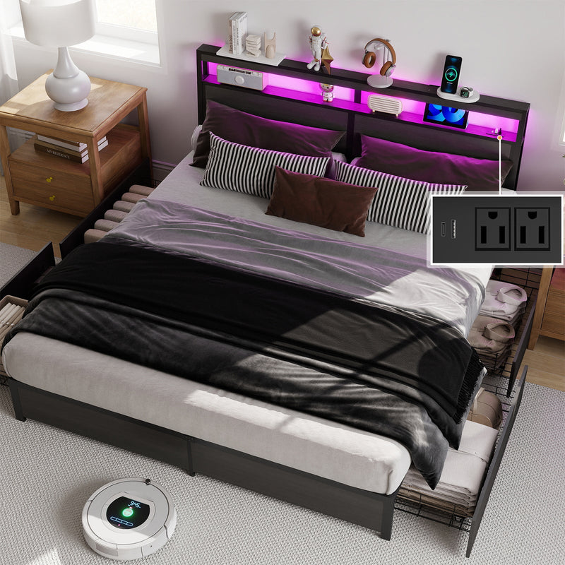Wood-Grain Platform Storage Bed with Four Drawers, RGB LED Lights and Charging Station - Sonkuki
