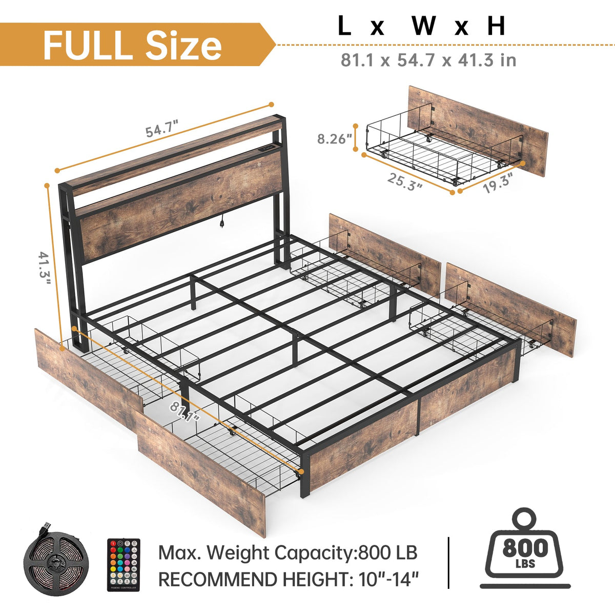 Wood-Grain Platform Storage Bed with Four Drawers, RGB LED Lights and Charging Station - Sonkuki
