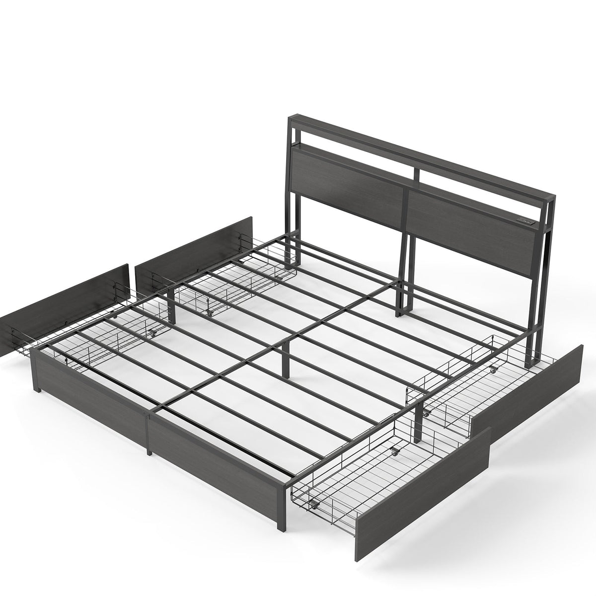 Wood-Grain Platform Storage Bed with Four Drawers, RGB LED Lights and Charging Station - Sonkuki