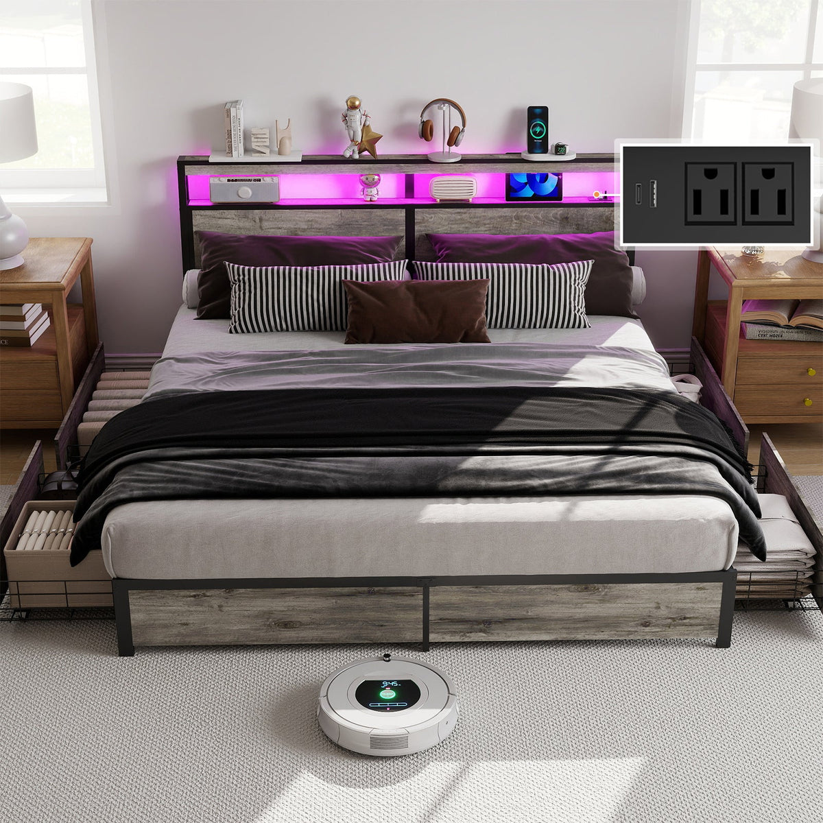 Wood-Grain Platform Storage Bed with Four Drawers, RGB LED Lights and Charging Station - Sonkuki