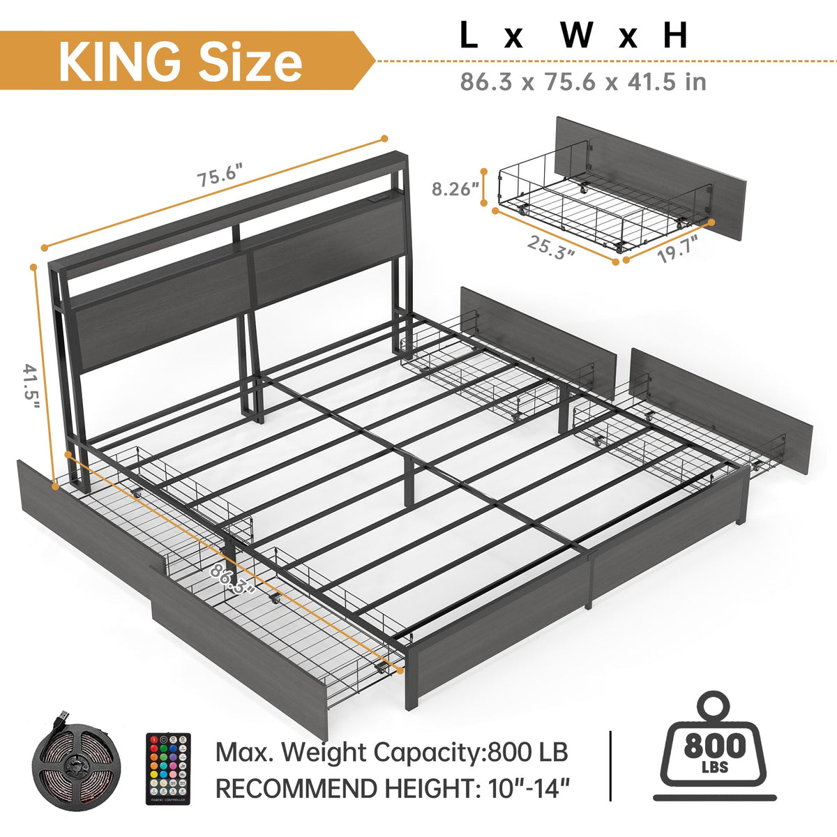 Wood-Grain Platform Storage Bed with Four Drawers, RGB LED Lights and Charging Station - Sonkuki
