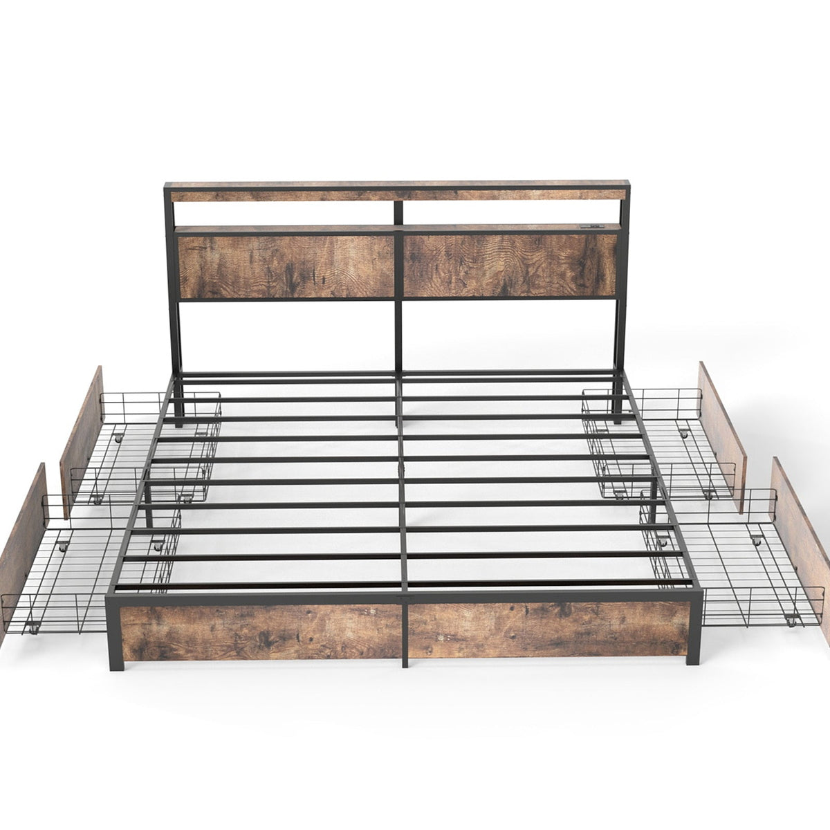 Wood-Grain Platform Storage Bed with Four Drawers, RGB LED Lights and Charging Station - Sonkuki