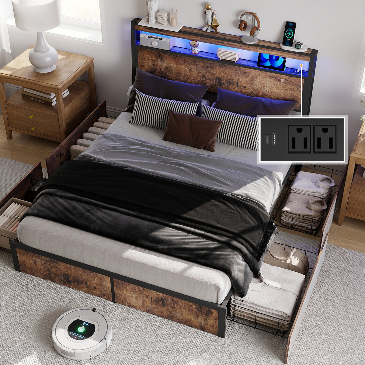 Wood-Grain Platform Storage Bed with Four Drawers, RGB LED Lights and Charging Station - Sonkuki