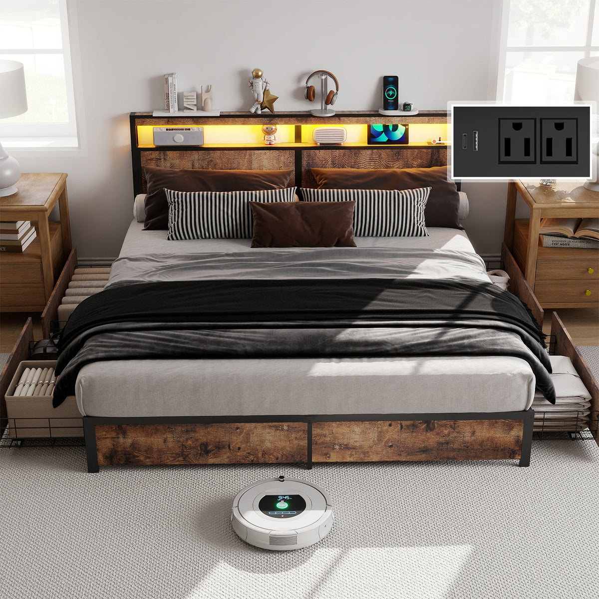 Wood-Grain Platform Storage Bed with Four Drawers, RGB LED Lights and Charging Station - Sonkuki