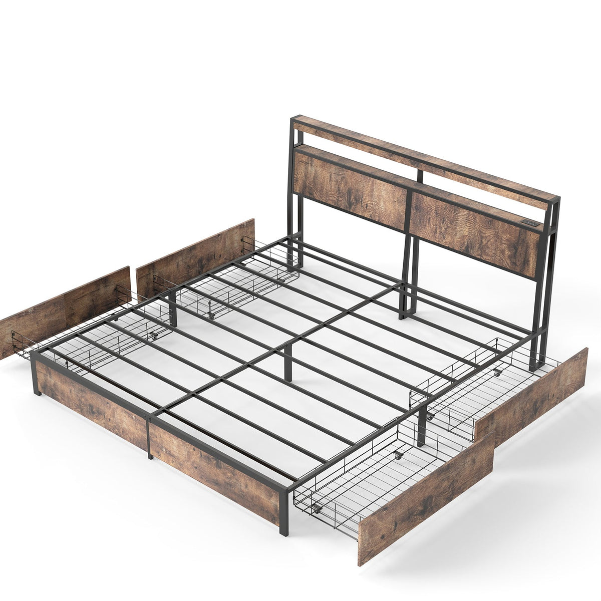 Wood-Grain Platform Storage Bed with Four Drawers, RGB LED Lights and Charging Station - Sonkuki