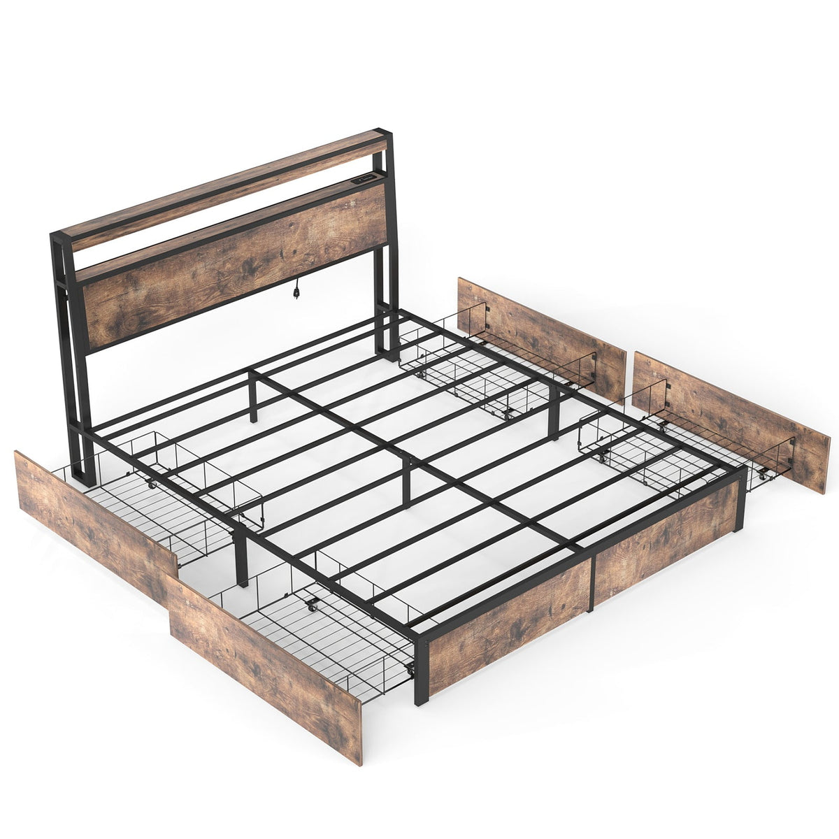 Wood-Grain Platform Storage Bed with Four Drawers, RGB LED Lights and Charging Station - Sonkuki