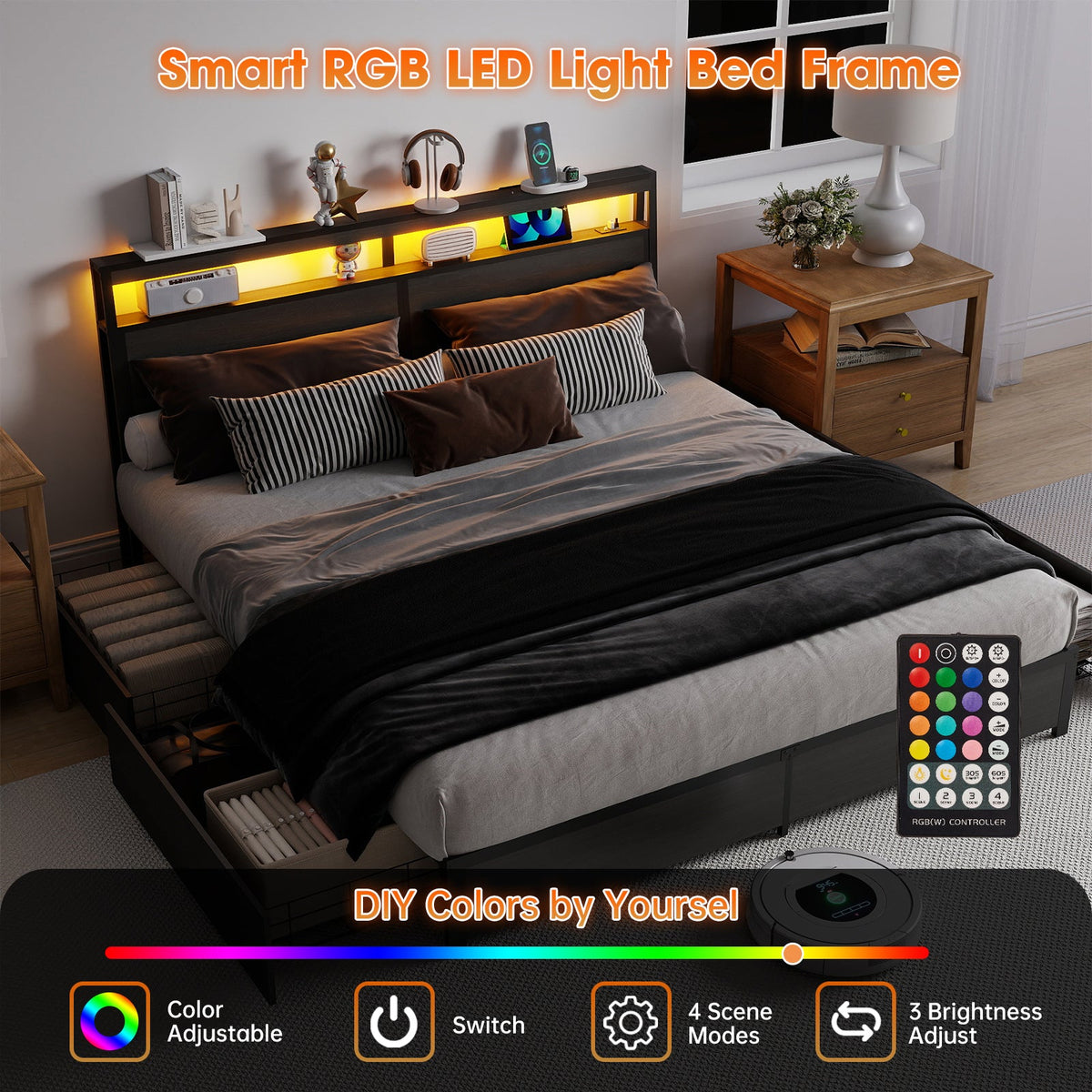 Wood-Grain Platform Storage Bed with Four Drawers, RGB LED Lights and Charging Station - Sonkuki