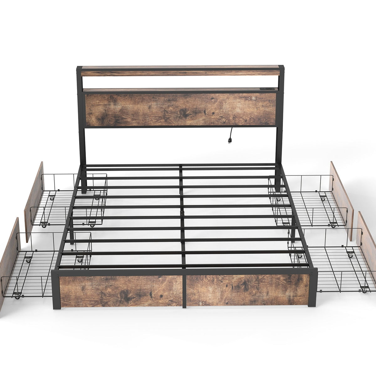 Wood-Grain Platform Storage Bed with Four Drawers, RGB LED Lights and Charging Station - Sonkuki