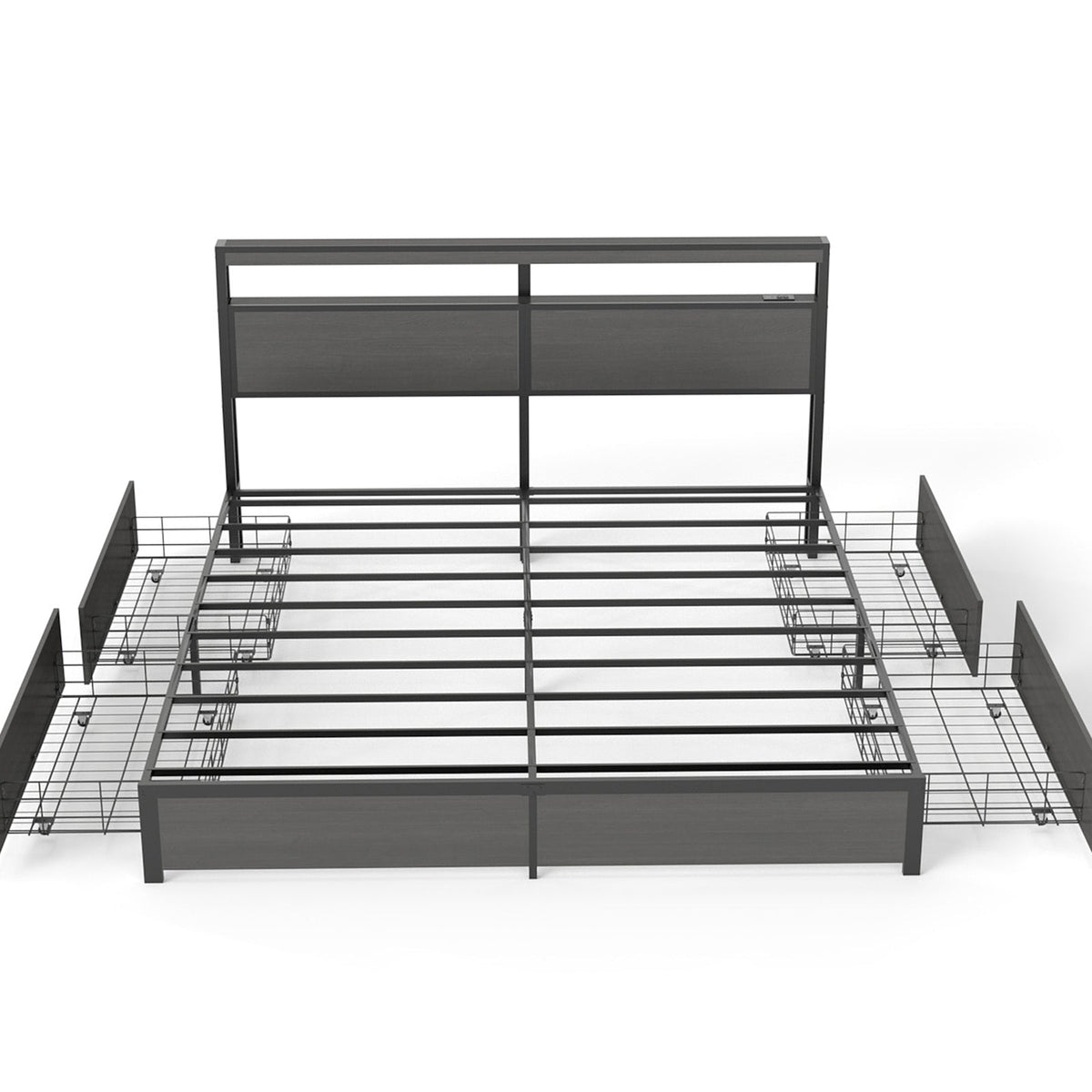 Wood-Grain Platform Storage Bed with Four Drawers, RGB LED Lights and Charging Station - Sonkuki