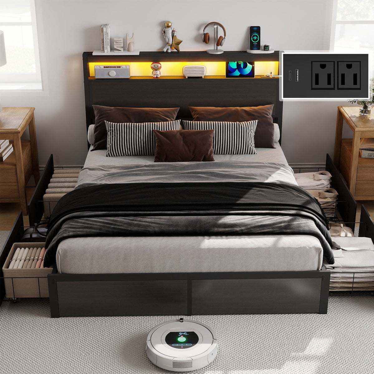 Wood-Grain Platform Storage Bed with Four Drawers, RGB LED Lights and Charging Station - Sonkuki
