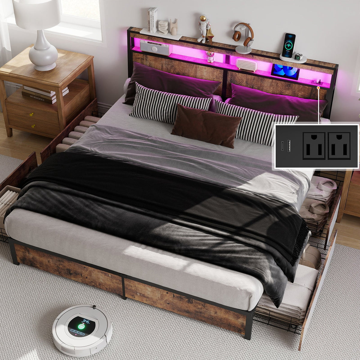 Wood-Grain Platform Storage Bed with Four Drawers, RGB LED Lights and Charging Station - Sonkuki