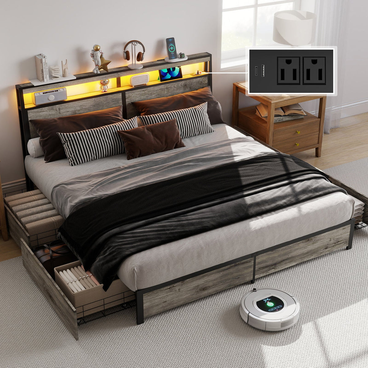 Wood-Grain Platform Storage Bed with Four Drawers, RGB LED Lights and Charging Station - Sonkuki