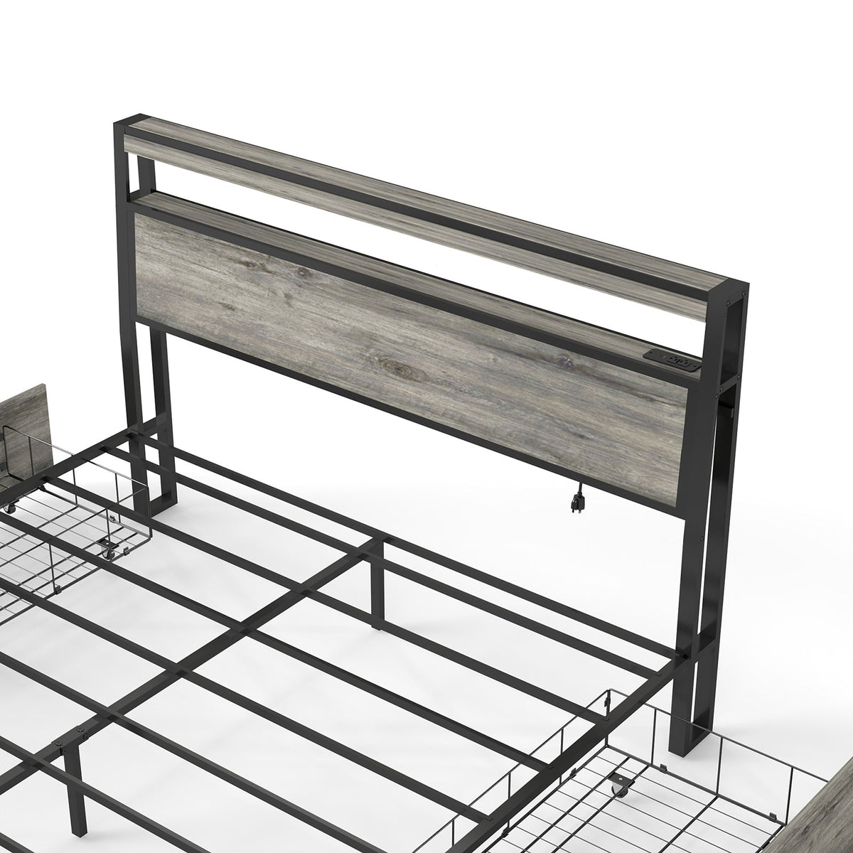 Wood-Grain Platform Storage Bed with Four Drawers, RGB LED Lights and Charging Station - Sonkuki