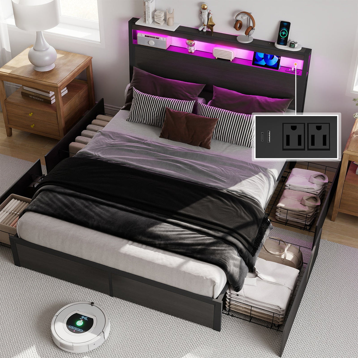 Wood-Grain Platform Storage Bed with Four Drawers, RGB LED Lights and Charging Station - Sonkuki