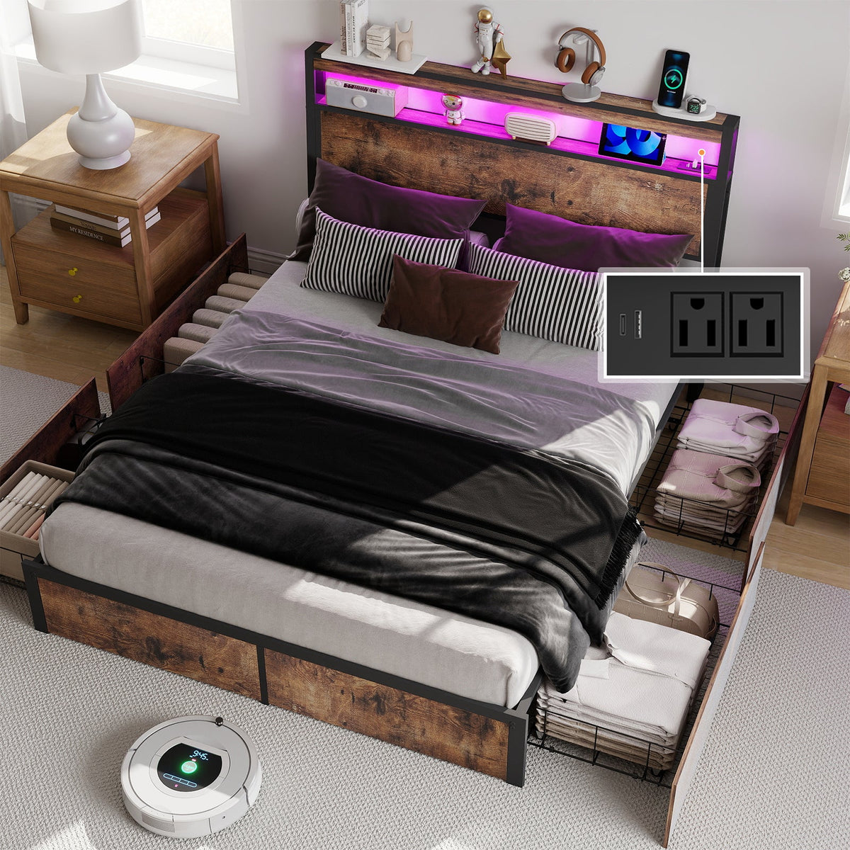 Wood-Grain Platform Storage Bed with Four Drawers, RGB LED Lights and Charging Station - Sonkuki