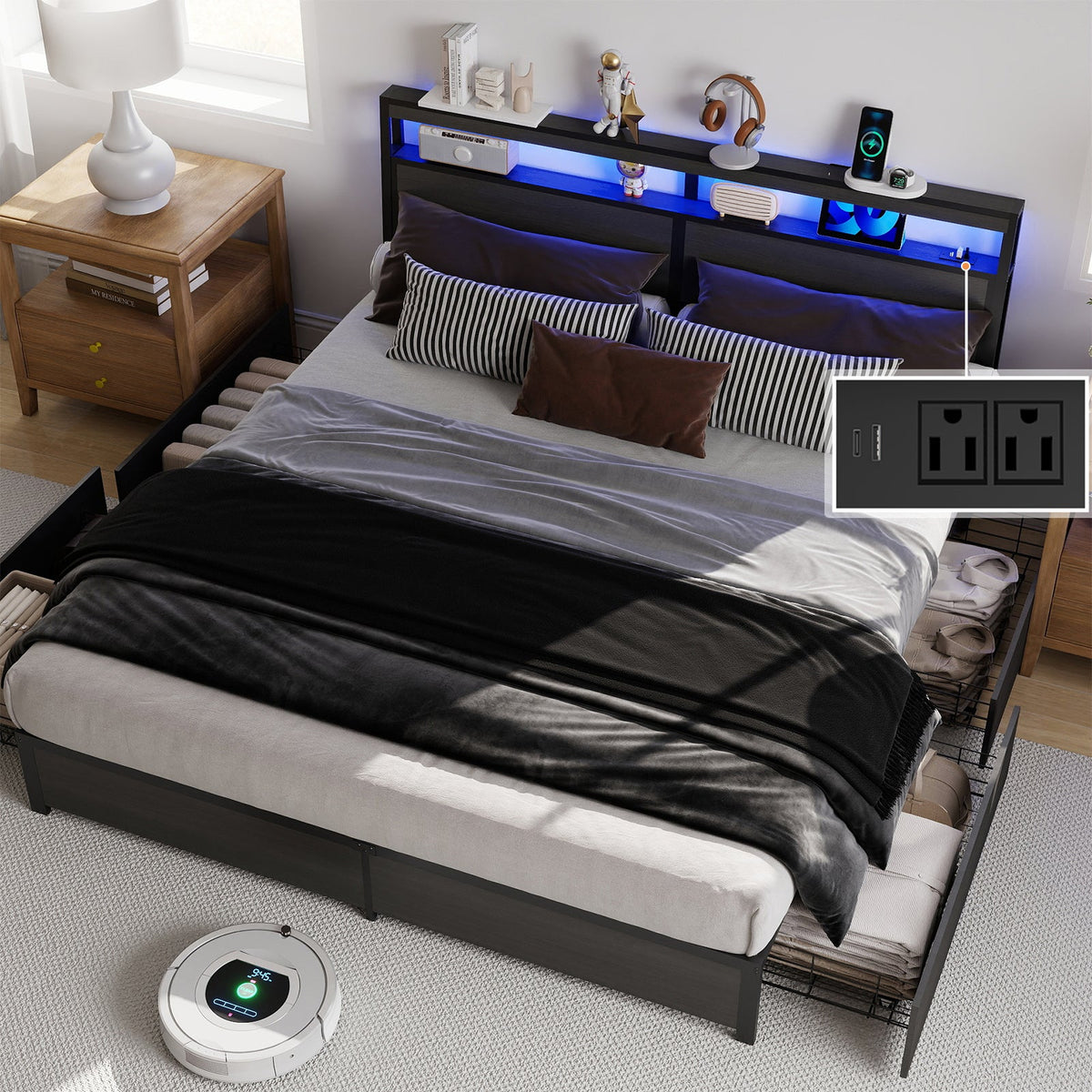 Wood-Grain Platform Storage Bed with Four Drawers, RGB LED Lights and Charging Station - Sonkuki