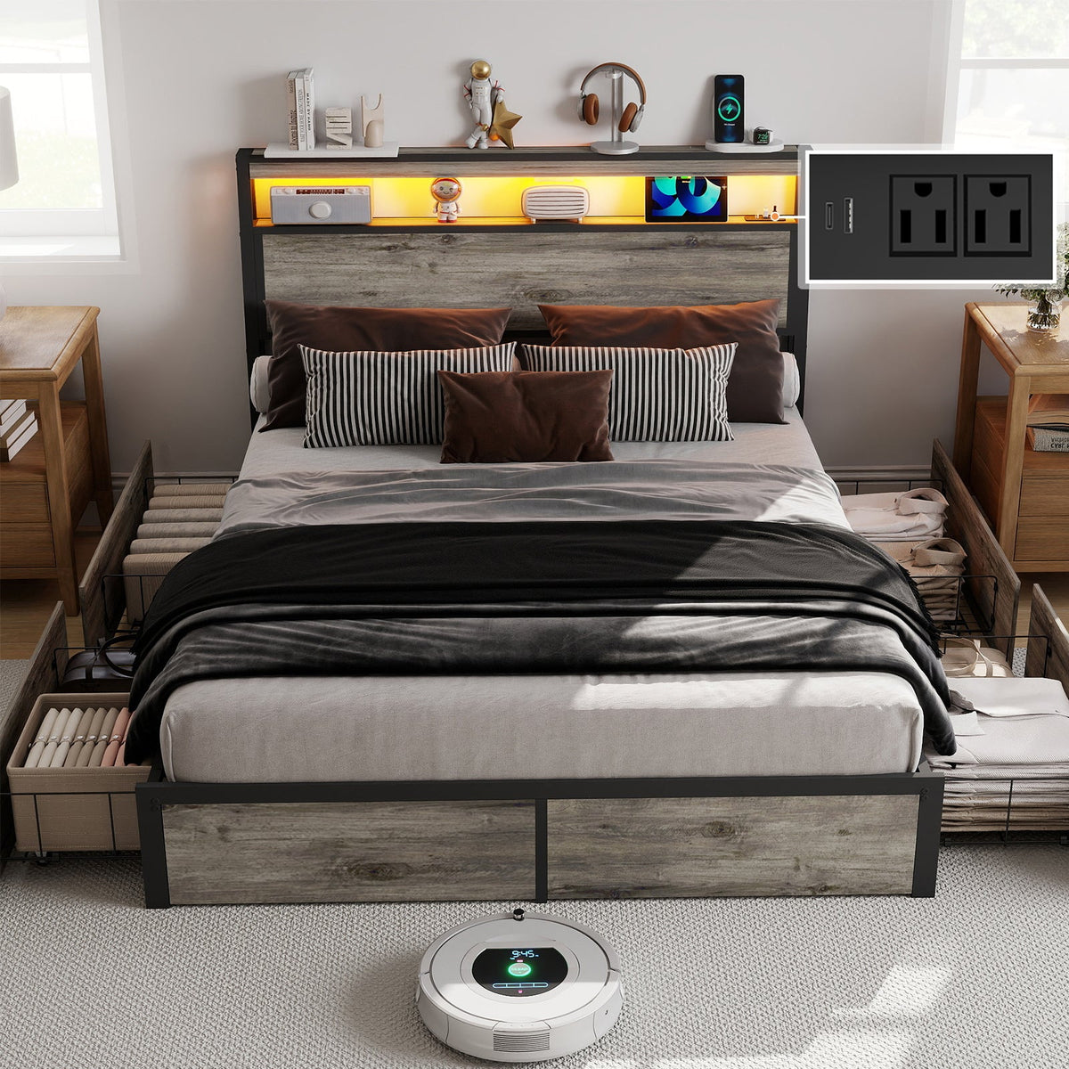 Wood-Grain Platform Storage Bed with Four Drawers, RGB LED Lights and Charging Station - Sonkuki