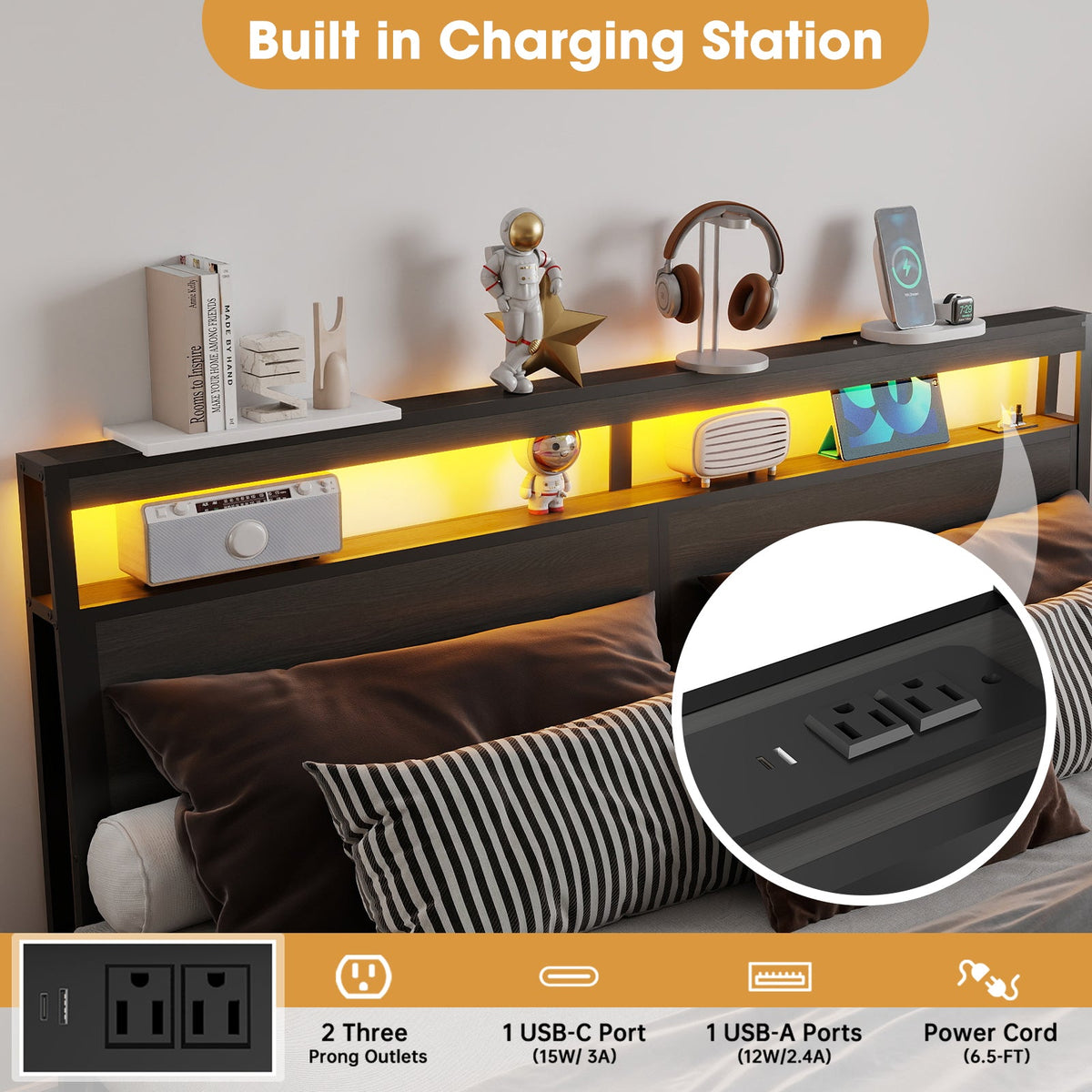 Wood-Grain Platform Storage Bed with Four Drawers, RGB LED Lights and Charging Station - Sonkuki