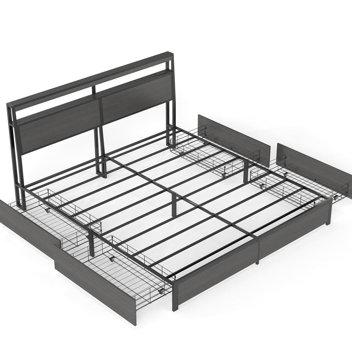 Wood-Grain Platform Storage Bed with Four Drawers, RGB LED Lights and Charging Station - Sonkuki