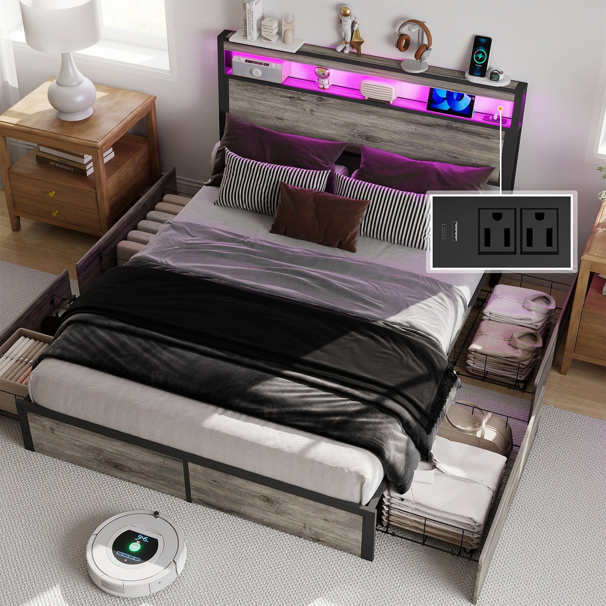 Wood-Grain Platform Storage Bed with Four Drawers, RGB LED Lights and Charging Station - Sonkuki
