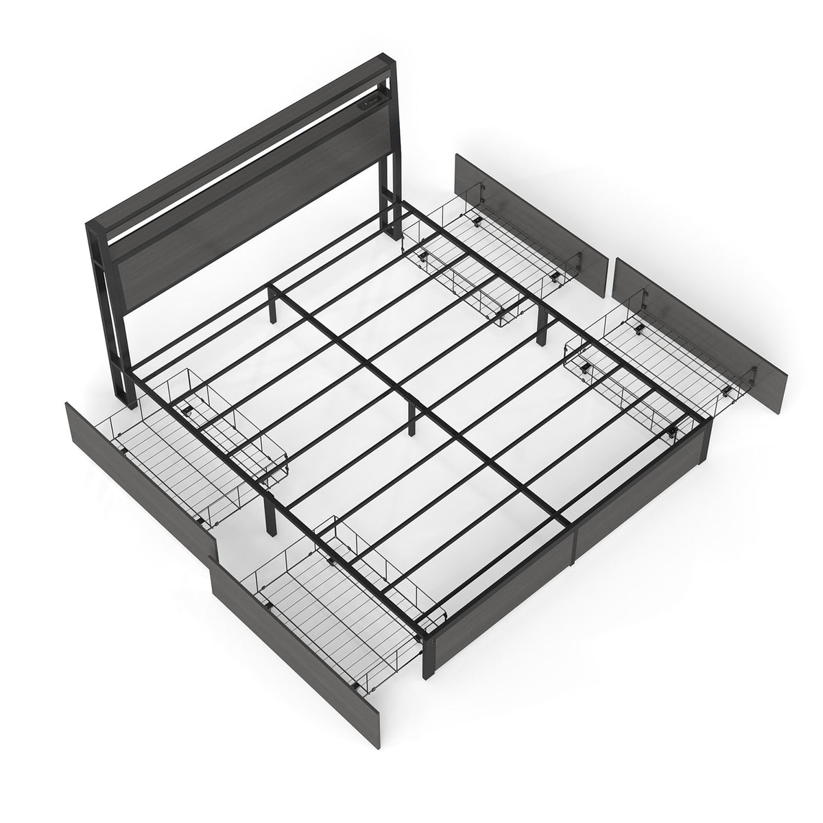 Wood-Grain Platform Storage Bed with Four Drawers, RGB LED Lights and Charging Station - Sonkuki