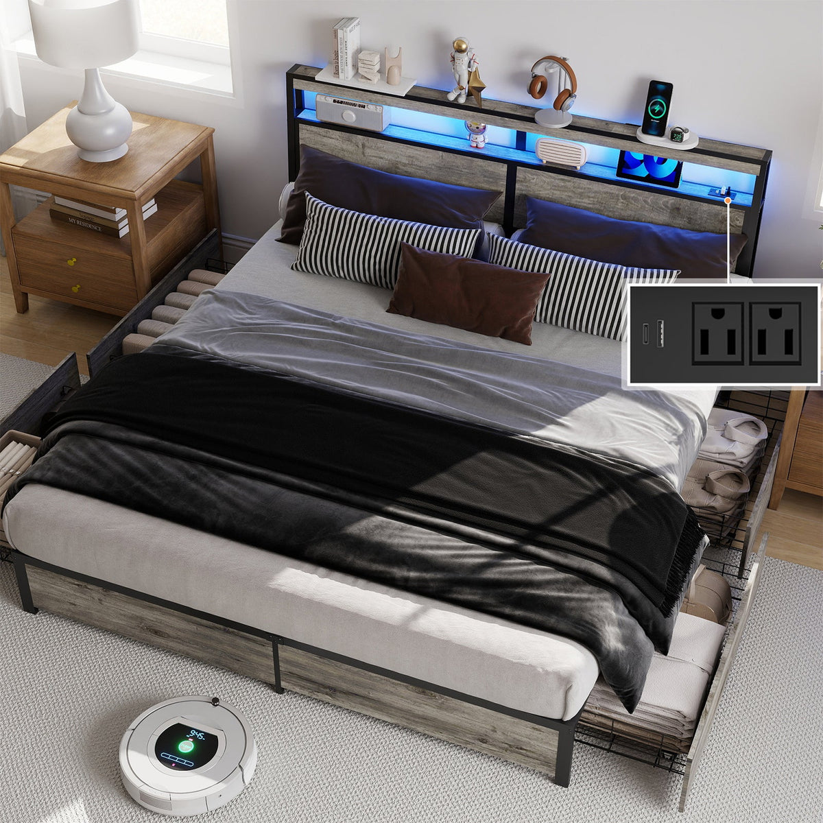 Wood-Grain Platform Storage Bed with Four Drawers, RGB LED Lights and Charging Station - Sonkuki
