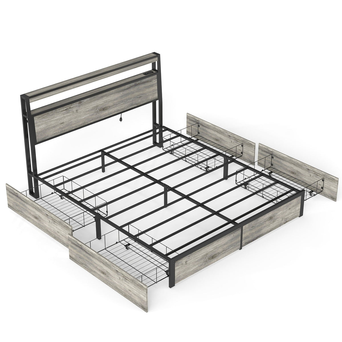 Wood-Grain Platform Storage Bed with Four Drawers, RGB LED Lights and Charging Station - Sonkuki