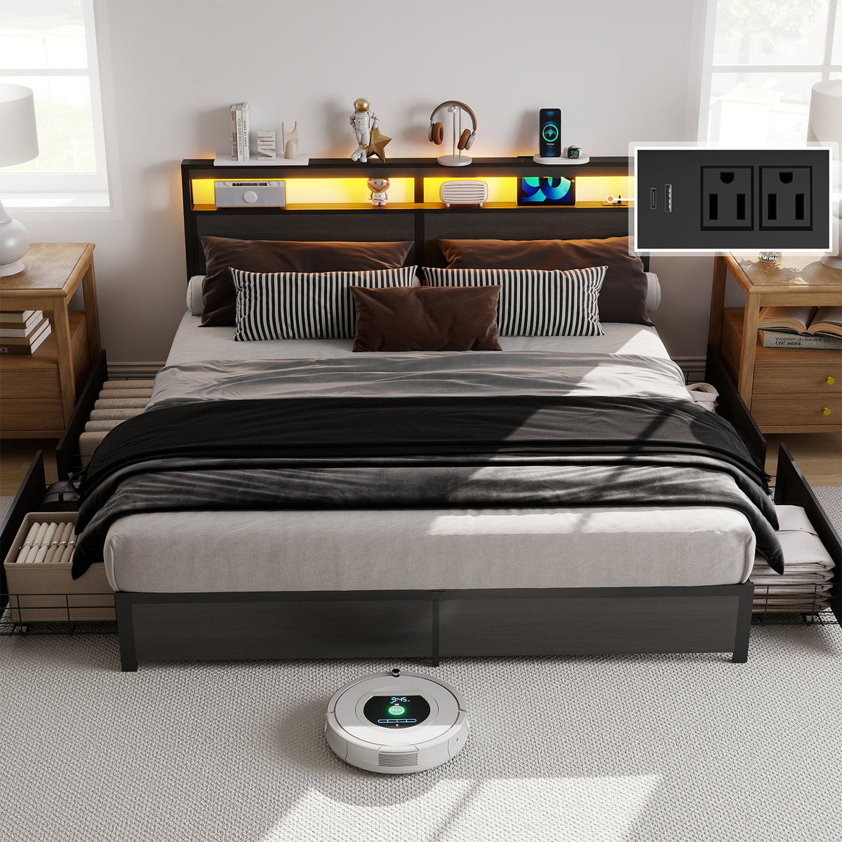 Wood-Grain Platform Storage Bed with Four Drawers, RGB LED Lights and Charging Station - Sonkuki