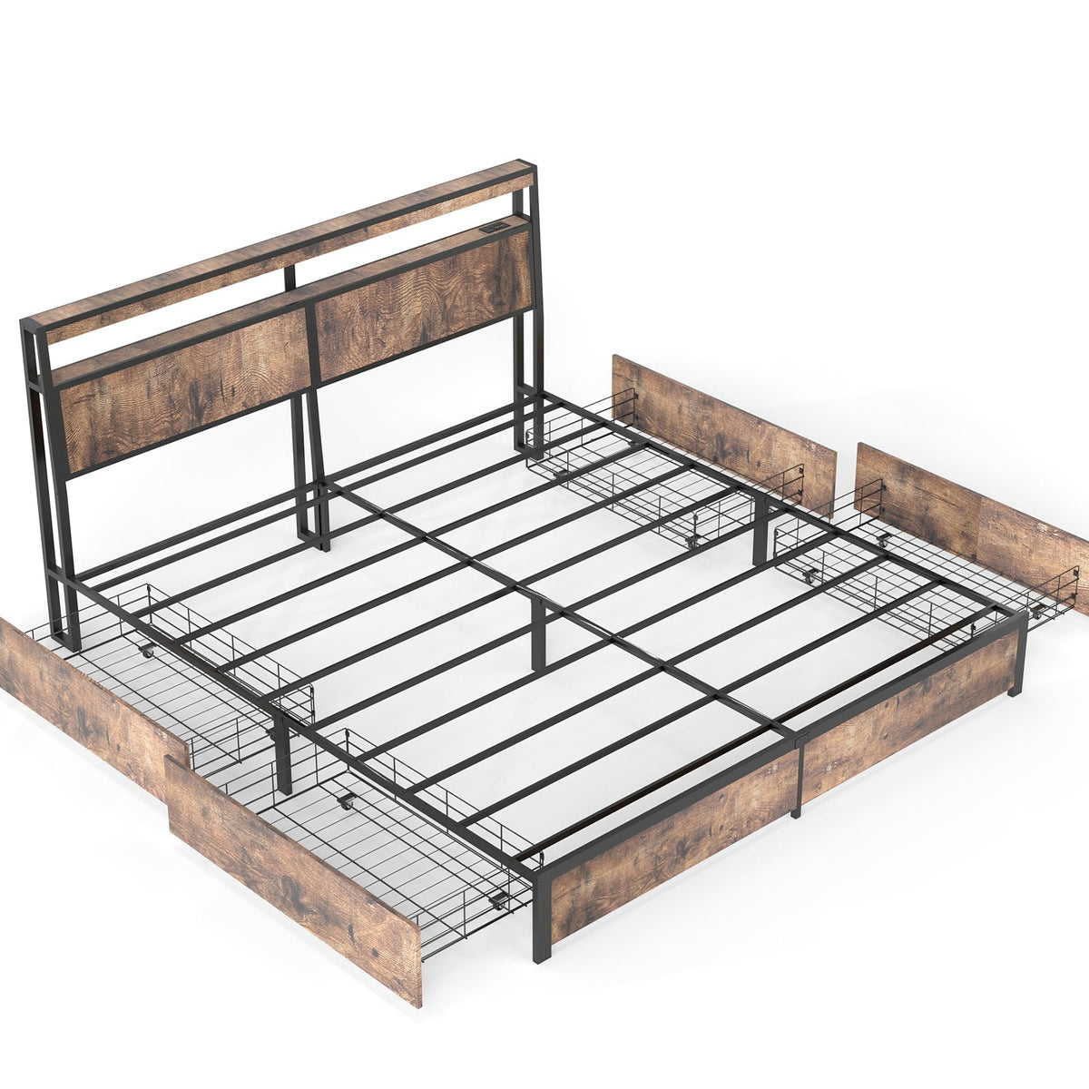 Wood-Grain Platform Storage Bed with Four Drawers, RGB LED Lights and Charging Station - Sonkuki