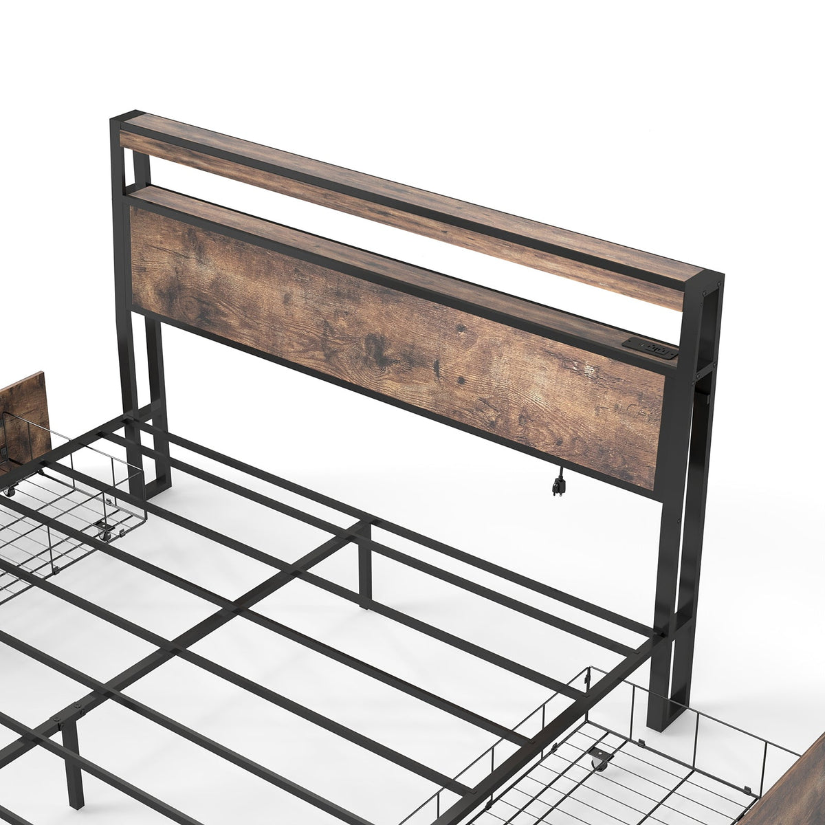 Wood-Grain Platform Storage Bed with Four Drawers, RGB LED Lights and Charging Station - Sonkuki
