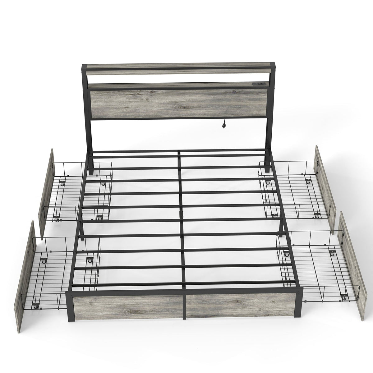 Wood-Grain Platform Storage Bed with Four Drawers, RGB LED Lights and Charging Station - Sonkuki