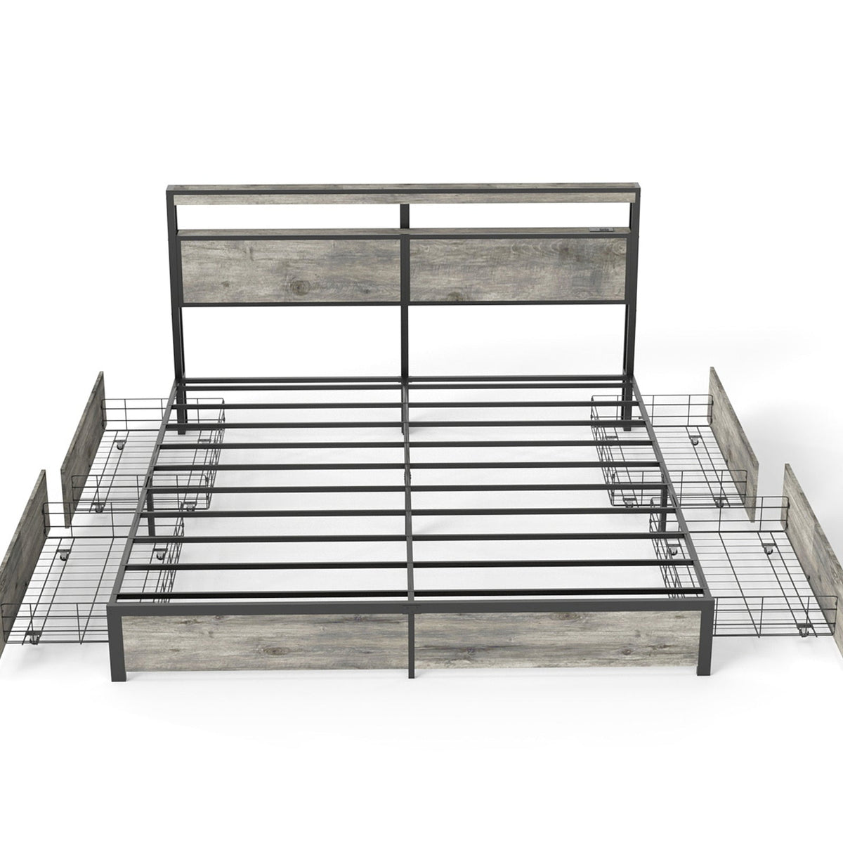 Wood-Grain Platform Storage Bed with Four Drawers, RGB LED Lights and Charging Station - Sonkuki