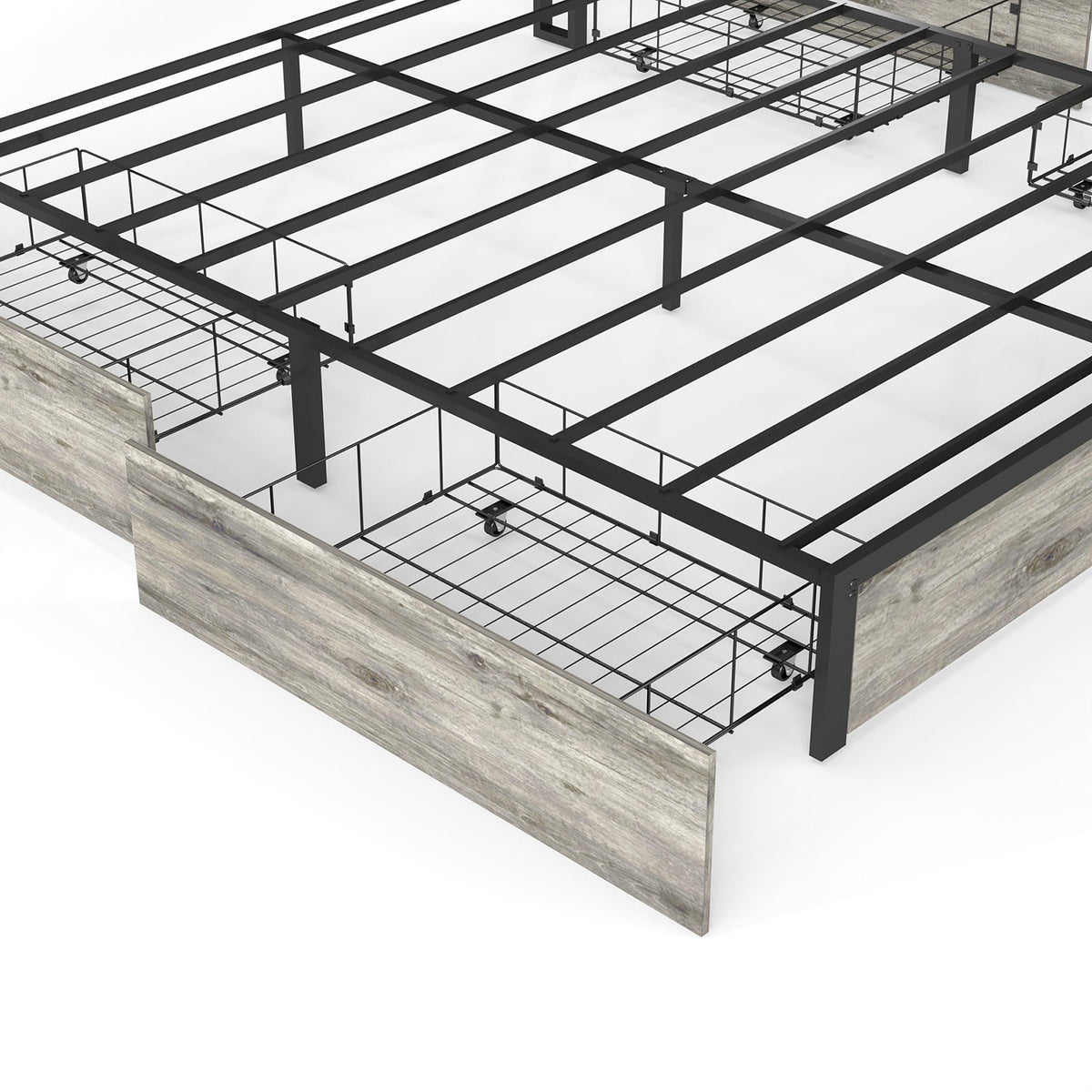 Wood-Grain Platform Storage Bed with Four Drawers, RGB LED Lights and Charging Station - Sonkuki