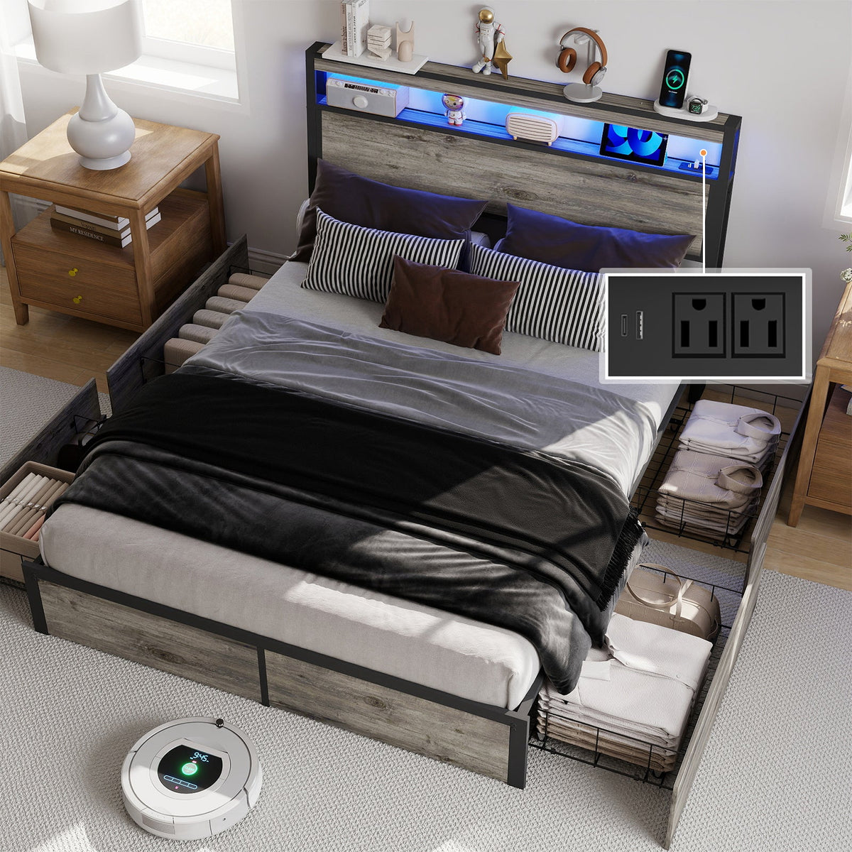 Wood-Grain Platform Storage Bed with Four Drawers, RGB LED Lights and Charging Station - Sonkuki