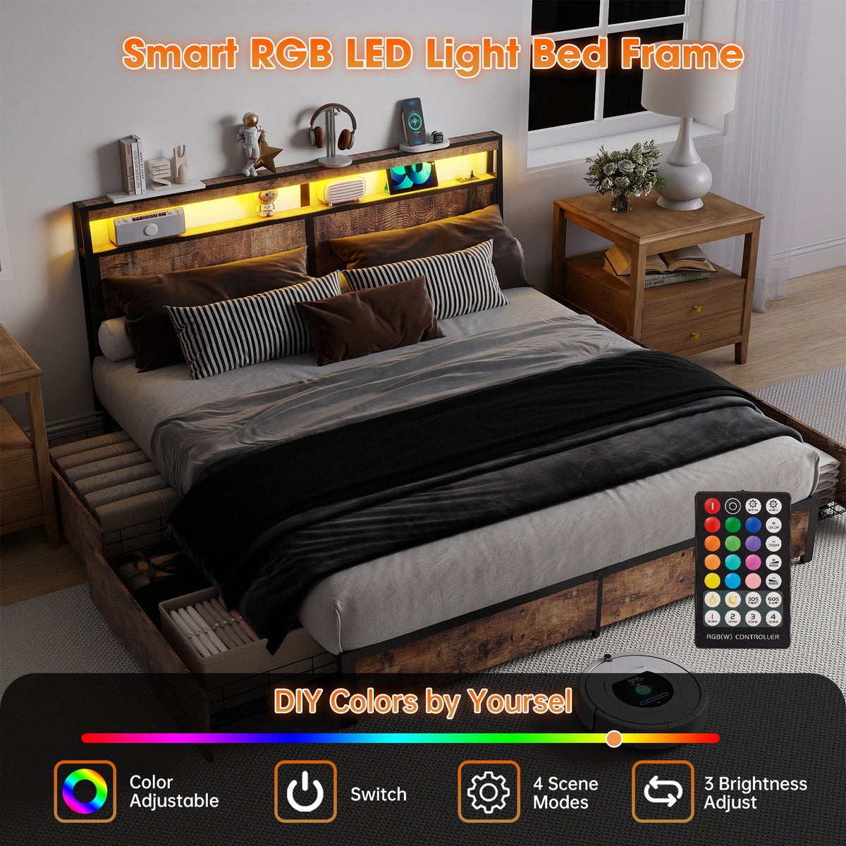 Wood-Grain Platform Storage Bed with Four Drawers, RGB LED Lights and Charging Station - Sonkuki