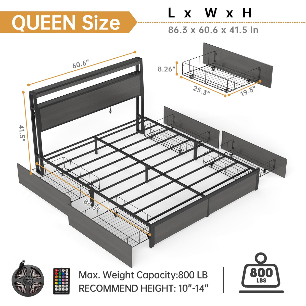 Wood-Grain Platform Storage Bed with Four Drawers, RGB LED Lights and Charging Station - Sonkuki