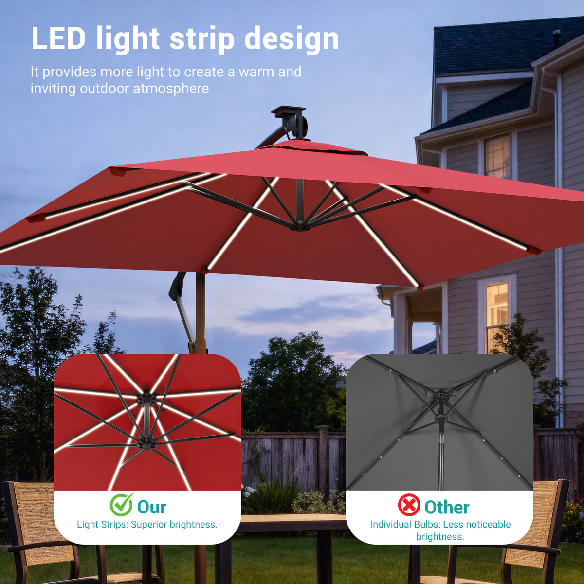 LED lighted cantilever patio umbrella with integrated light strips for evening outdoor gatherings