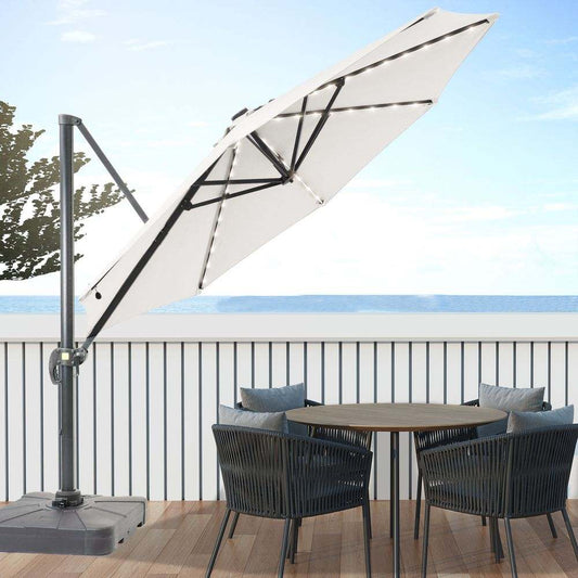 SONKUKI 11ft Cantilever LED Market Umbrella With a Base Solar Energy Hanging Patio With Aluminum Frame - Sonkuki