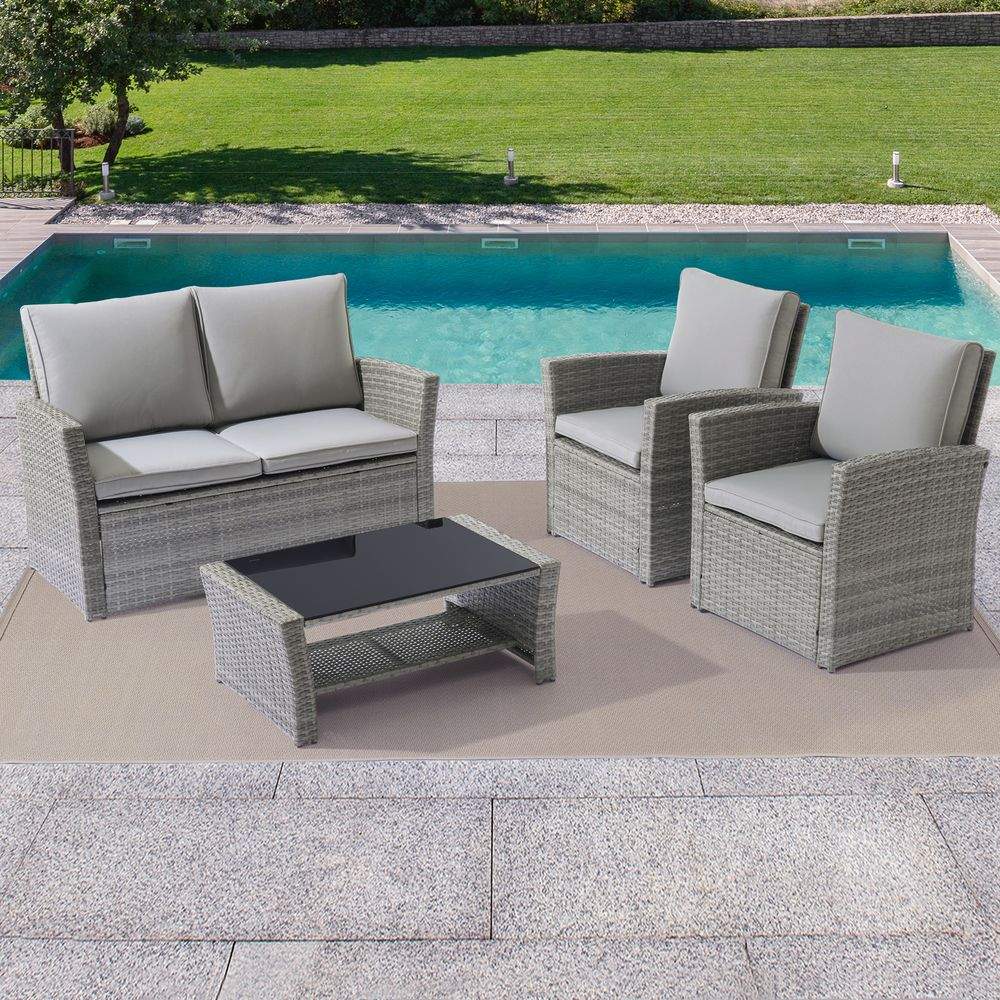 SONKUKI Outdoor Furniture 4-Piece Conversation Set Rattan Sectional Patio Sofa With Coffee Table and Loveseat - Sonkuki