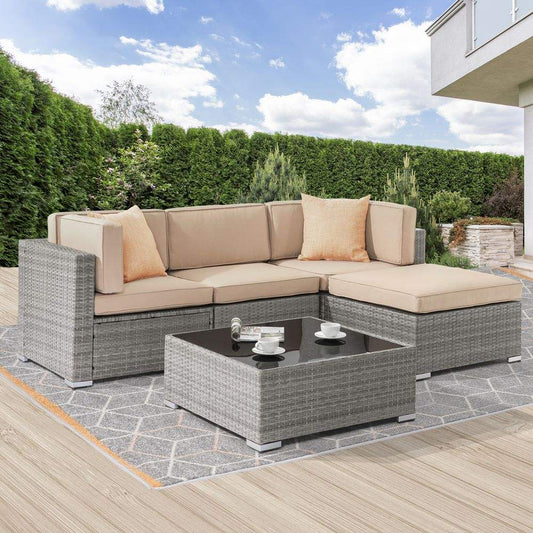 SONKUKI Outdoor Furniture 5 Pcs Sofa Sets Sectional PE Ratten Wicker All-Weather Couch - Sonkuki