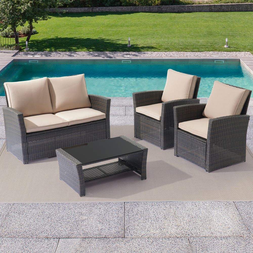 SONKUKI Outdoor Furniture 4-Piece Conversation Set Rattan Sectional Patio Sofa With Coffee Table and Loveseat - Sonkuki