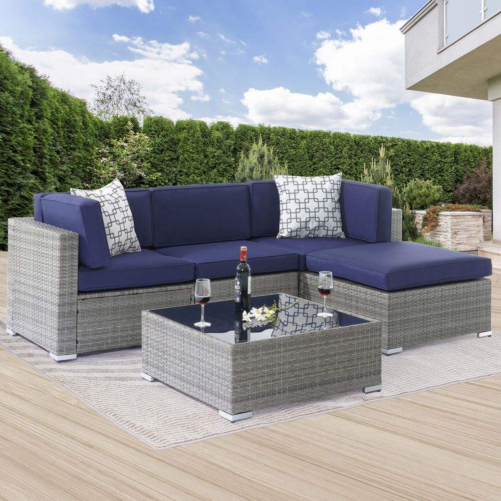 SONKUKI Outdoor Furniture 5 Pcs Sofa Sets Sectional PE Ratten Wicker All-Weather Couch - Sonkuki