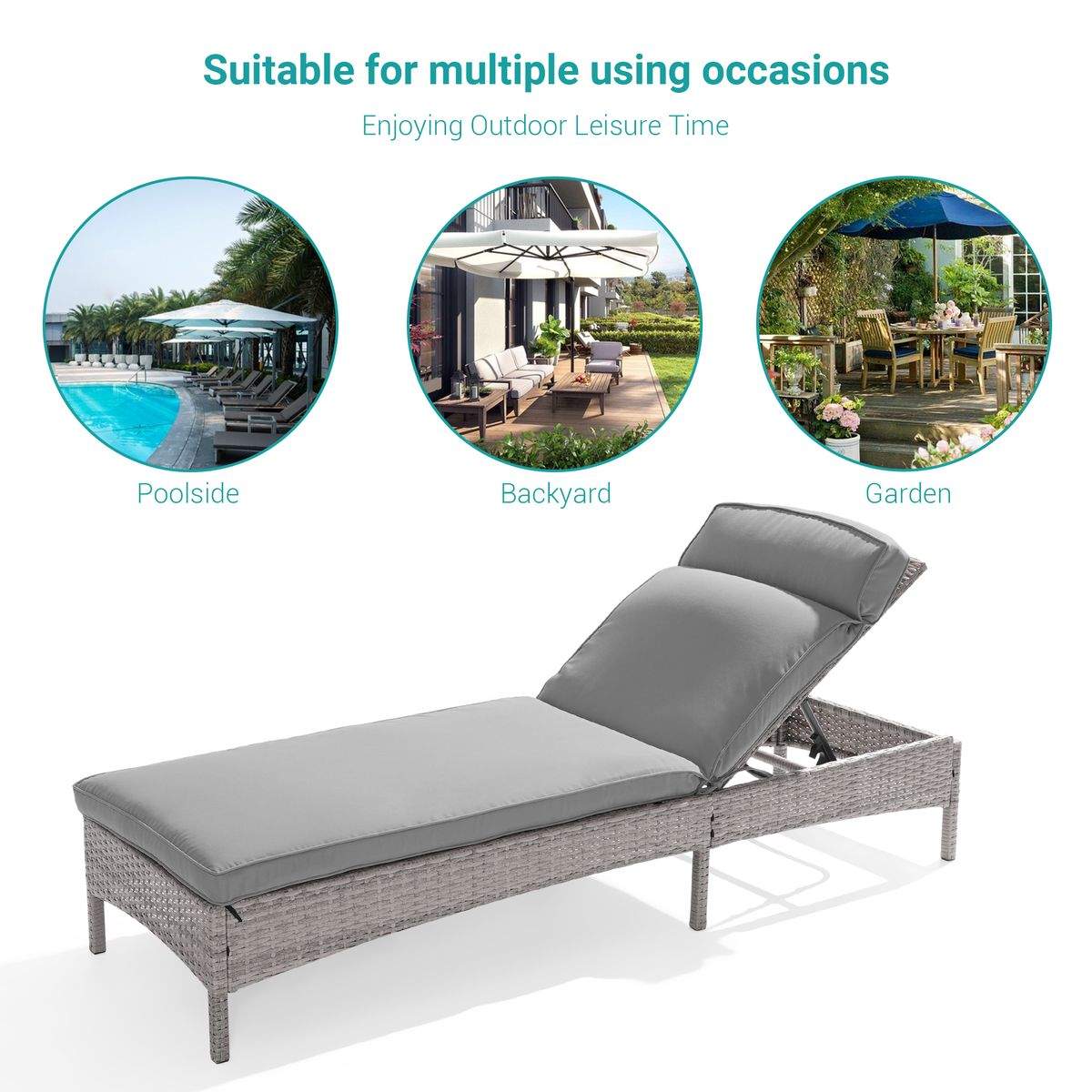 SONKUKI Patio Reclining Chair Rattan Single Lounge Water-Repellent Cushion Adjustable Chaise Suiting for Yard, Poolside and Beach.