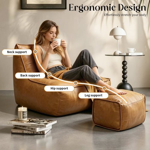 ZPBMMCJT-Bean Bag Chair with Ottoman Set,Bean Bag Sofa, Living Room and Gaming Seat, Tech Fabric Faux Leather,Brown. - Sonkuki